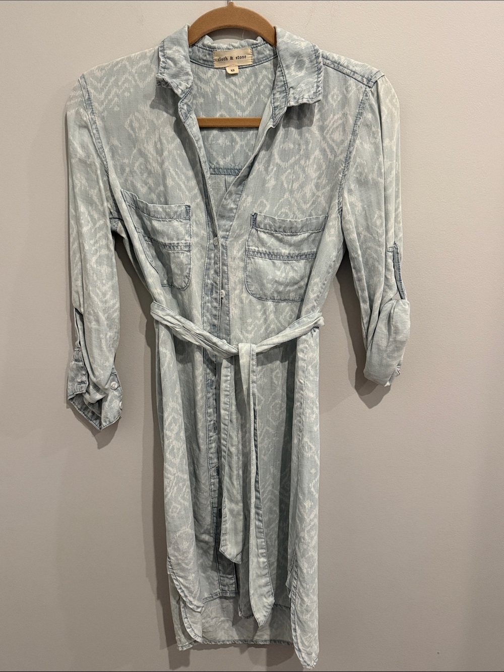 Anthropologie Cloth and Stone Light Blue Ikat Denim Shirt Dress with Tie Waist